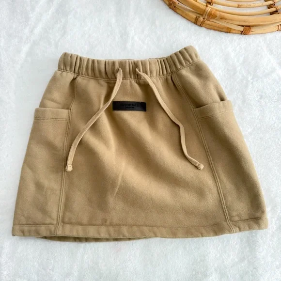 Fear Of God Essentials Fleece Mini Skirt Drawstrings Cargo Tan Brown - Picture 2 of 10